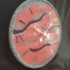 Pembe Gri Kırık Taşlı, Led Işıklı Epoksi Kaplama Duvar Saati 60cm