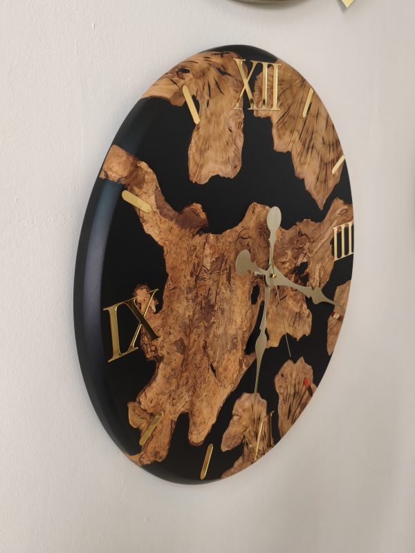 Ahşap epoksi duvar saati çap 50 cm, zeytin ağacı ve Siyah, el yapımı