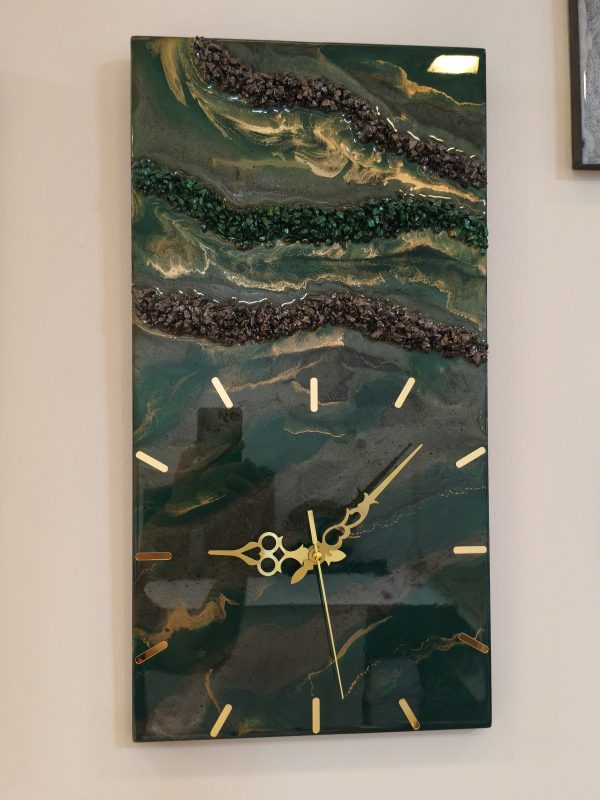 Epoksi kaplama duvar saati 30x60 cm, Yeşil & Gold, el yapımı MDF Epoksi kaplama