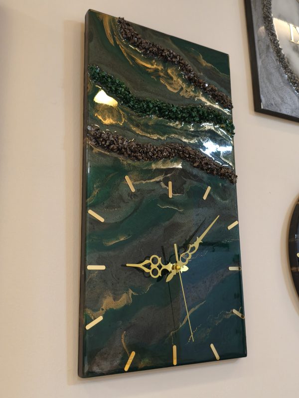 Epoksi kaplama duvar saati 30x60 cm, Yeşil & Gold, el yapımı MDF Epoksi kaplama