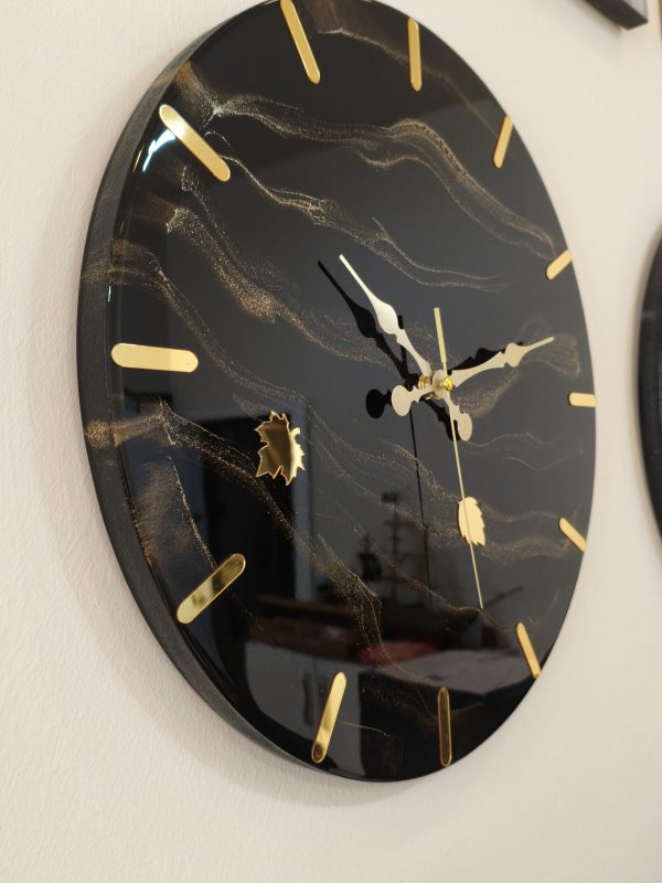 Epoksi kaplama duvar saati Çap: 40 cm, Siyah & Gold, el yapımı MDF Epoksi kaplama
