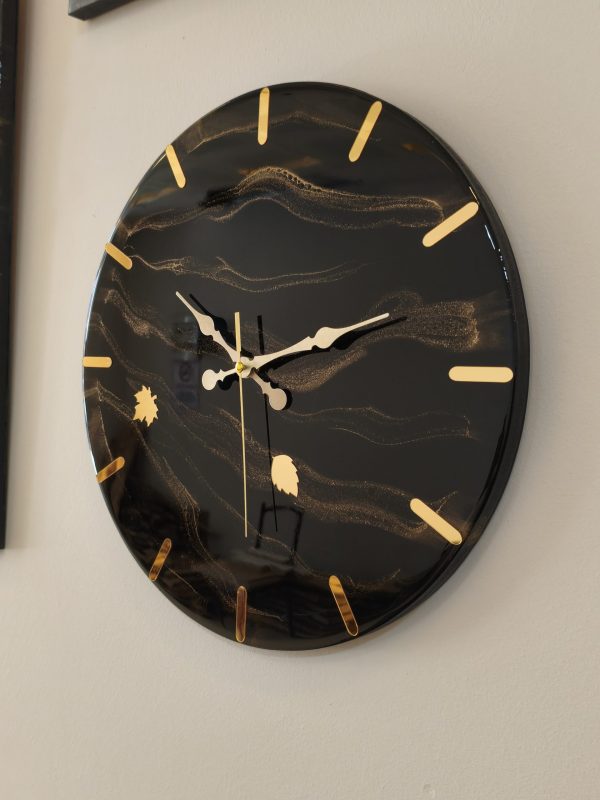 Epoksi kaplama duvar saati Çap: 40 cm, Siyah & Gold, el yapımı MDF Epoksi kaplama