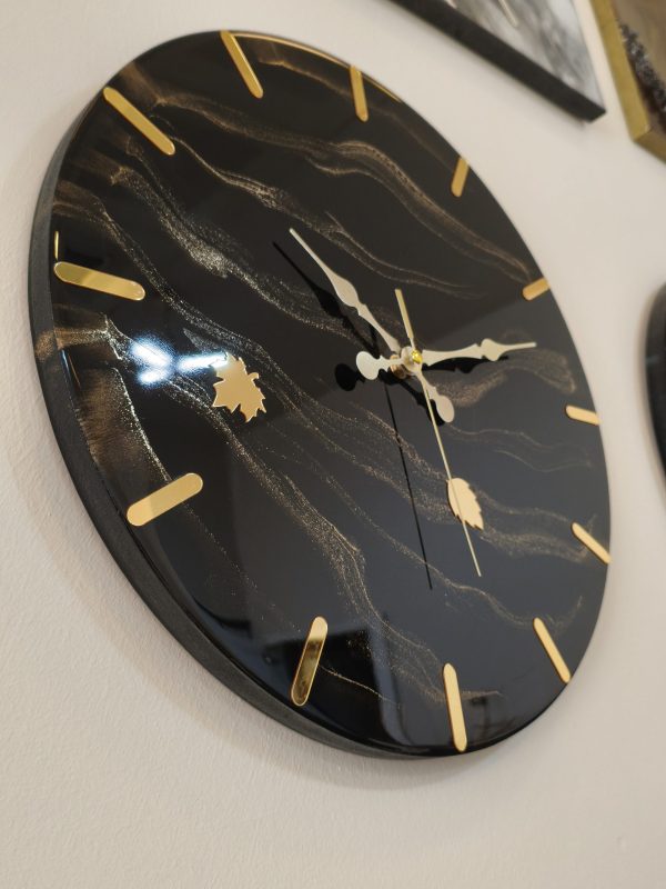 Epoksi kaplama duvar saati Çap: 40 cm, Siyah & Gold, el yapımı MDF Epoksi kaplama