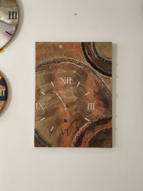 Epoksi kaplama duvar saati 60x82 cm, Gold & Turuncu, el yapımı MDF Epoksi kaplama