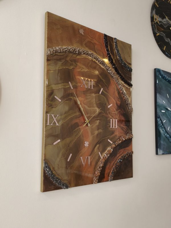 Epoksi kaplama duvar saati 60x82 cm, Gold & Turuncu, el yapımı MDF Epoksi kaplama