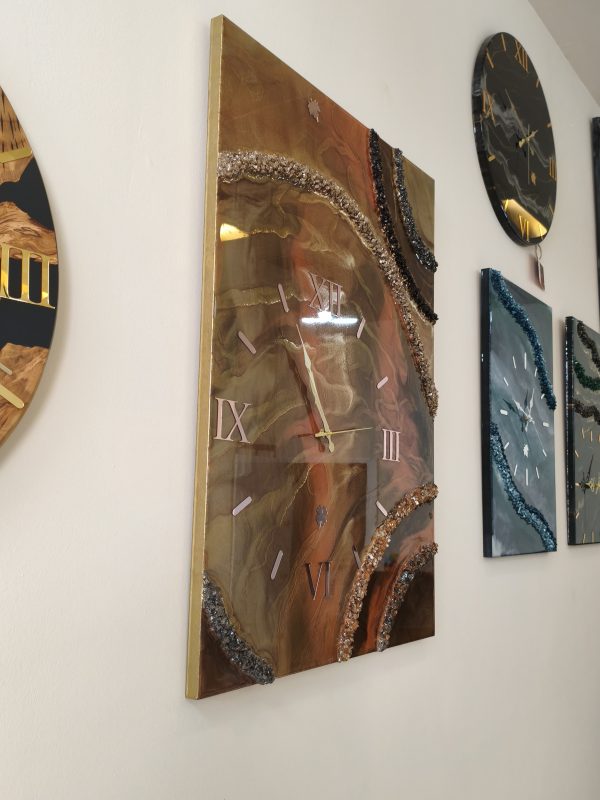 Epoksi kaplama duvar saati 60x82 cm, Gold & Turuncu, el yapımı MDF Epoksi kaplama