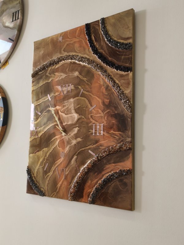 Epoksi kaplama duvar saati 60x82 cm, Gold & Turuncu, el yapımı MDF Epoksi kaplama