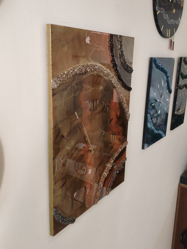Epoksi kaplama duvar saati 60x82 cm, Gold & Turuncu, el yapımı MDF Epoksi kaplama
