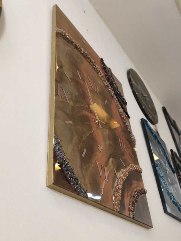 Epoksi kaplama duvar saati 60x82 cm, Gold & Turuncu, el yapımı MDF Epoksi kaplama