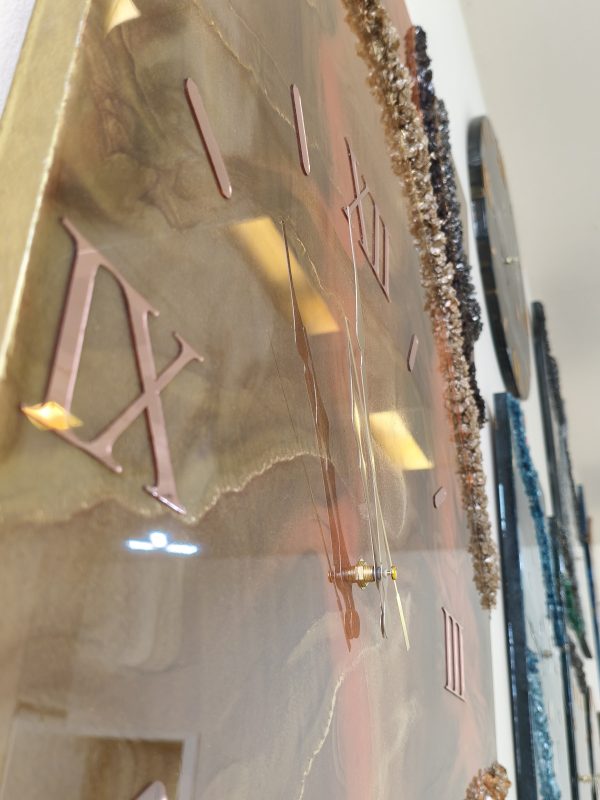 Epoksi kaplama duvar saati 60x82 cm, Gold & Turuncu, el yapımı MDF Epoksi kaplama