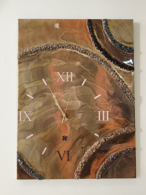 Epoksi kaplama duvar saati 60x82 cm, Gold & Turuncu, el yapımı MDF Epoksi kaplama