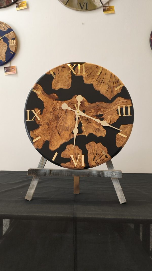 Ahşap epoksi duvar saati çap 50 cm, zeytin ağacı ve Siyah, el yapımı