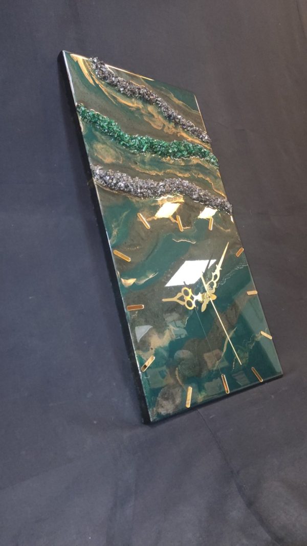 Epoksi kaplama duvar saati 30x60 cm, Yeşil & Gold, el yapımı MDF Epoksi kaplama