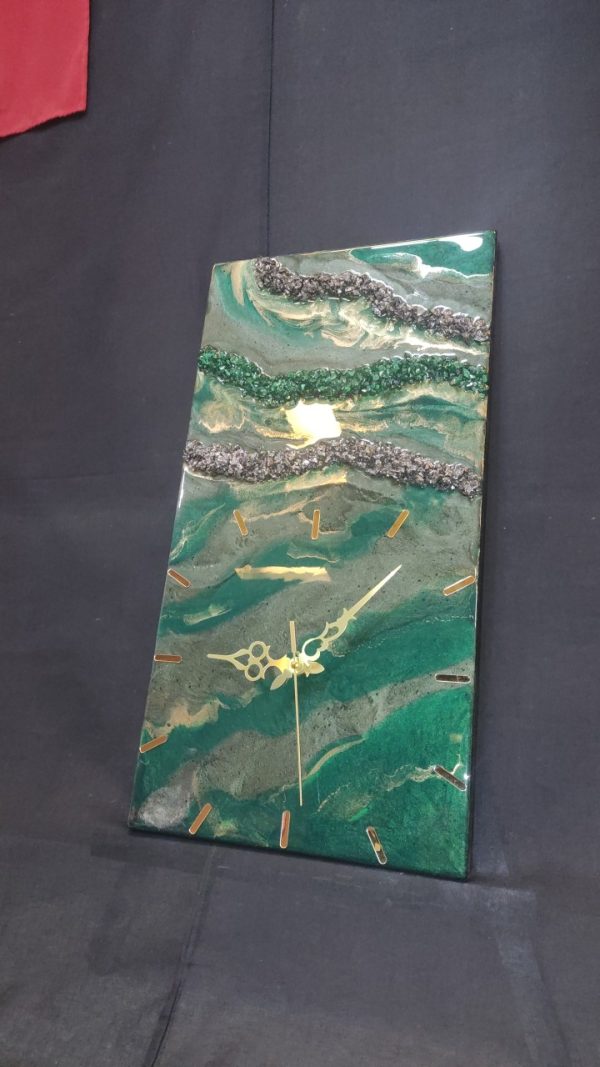 Epoksi kaplama duvar saati 30x60 cm, Yeşil & Gold, el yapımı MDF Epoksi kaplama