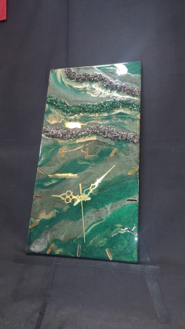 Epoksi kaplama duvar saati 30x60 cm, Yeşil & Gold, el yapımı MDF Epoksi kaplama
