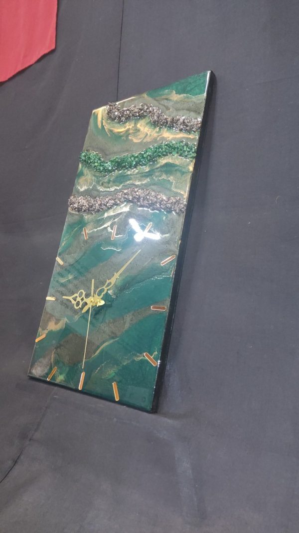 Epoksi kaplama duvar saati 30x60 cm, Yeşil & Gold, el yapımı MDF Epoksi kaplama