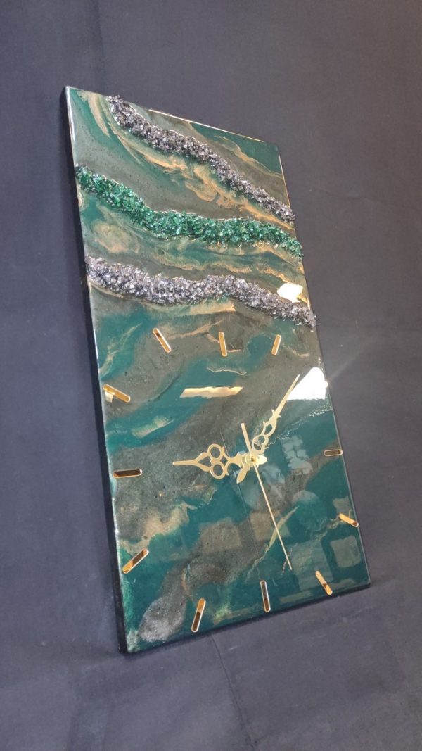 Epoksi kaplama duvar saati 30x60 cm, Yeşil & Gold, el yapımı MDF Epoksi kaplama