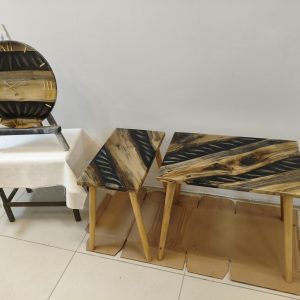 Ceviz Ağacı ve Buğday Başağı Epoksi Sehpa ve Duvar Saati Seti