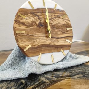Zeytin Ahşap & Beyaz Epoksi Duvar Saati (25 cm)