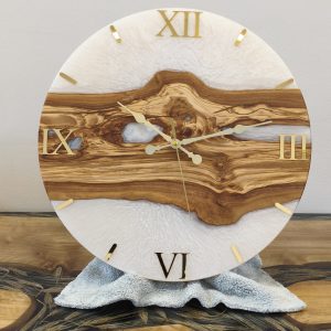 Zeytin Ahşap & Beyaz Sedef Epoksi – Çap 42 cm – Ahşap Epoksi Duvar Saati