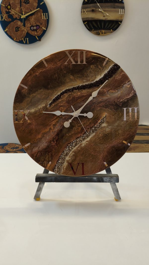 Bronz Kahverengi Mermer Desenli Epoksi Duvar Saati 60 cm – El Yapımı Lüks Dekoratif Salon Saati