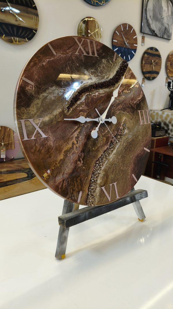 Bronz Kahverengi Mermer Desenli Epoksi Duvar Saati 60 cm – El Yapımı Lüks Dekoratif Salon Saati