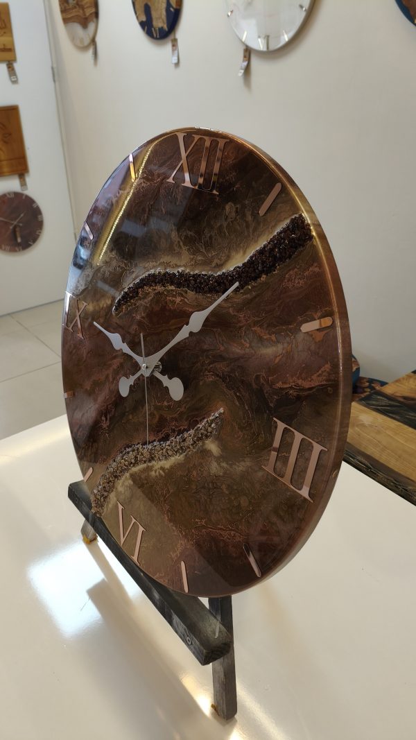 Bronz Kahverengi Mermer Desenli Epoksi Duvar Saati 60 cm – El Yapımı Lüks Dekoratif Salon Saati