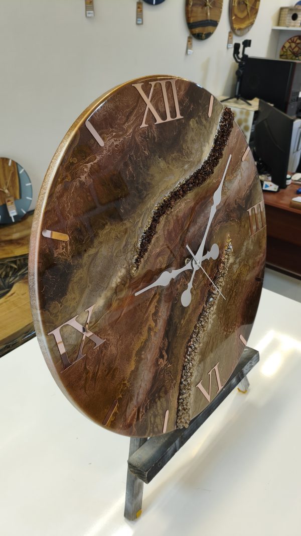 Bronz Kahverengi Mermer Desenli Epoksi Duvar Saati 60 cm – El Yapımı Lüks Dekoratif Salon Saati