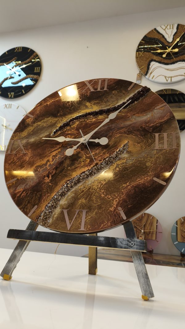 Bronz Kahverengi Mermer Desenli Epoksi Duvar Saati 60 cm – El Yapımı Lüks Dekoratif Salon Saati
