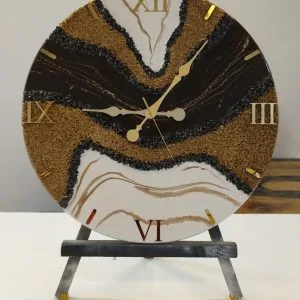 Kahverengi, Beyaz, Gold Mermer Desenli Epoksi Duvar Saati 60 cm – Lüks Dekoratif Salon Saati