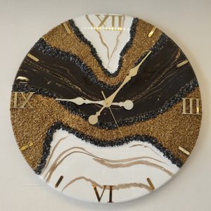 Kahverengi, Beyaz, Gold Mermer Desenli Epoksi Duvar Saati 60 cm – Lüks Dekoratif Salon Saati