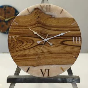 Kestane Ahşap – Beyaz Sedef Epoksi Duvar Saati – Çap 41 cm